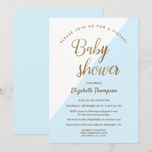 Invitation Baby shower virtuel bleu bébé garçon (Devant / Derrière)