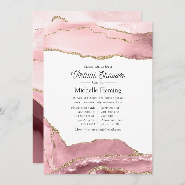Invitation Baby shower virtuel Blush et Gold Agate (Devant / Derrière)