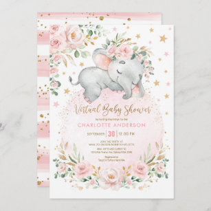 Invitation Baby shower virtuel Blush Gold Floral Elephant