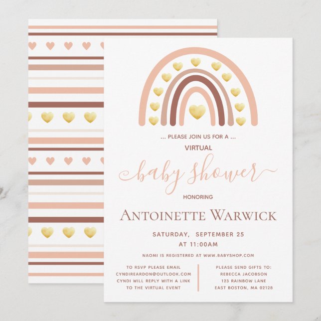 Invitation Baby shower virtuel Blush Pink Gold Rainbow (Devant / Derrière)