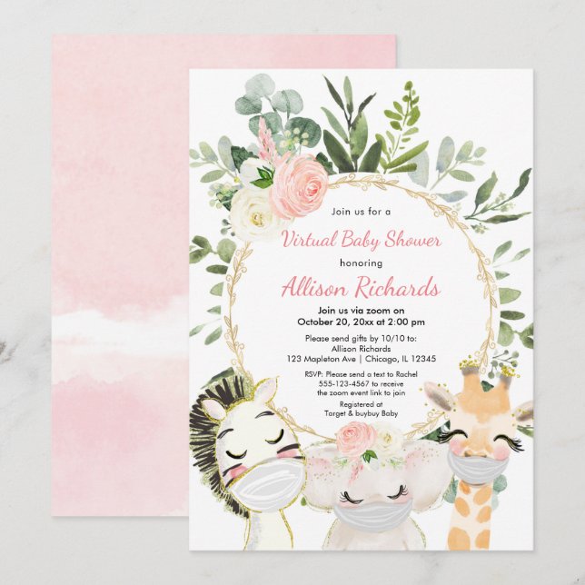 Invitation Baby shower virtuel blush rose or animaux floraux (Devant / Derrière)