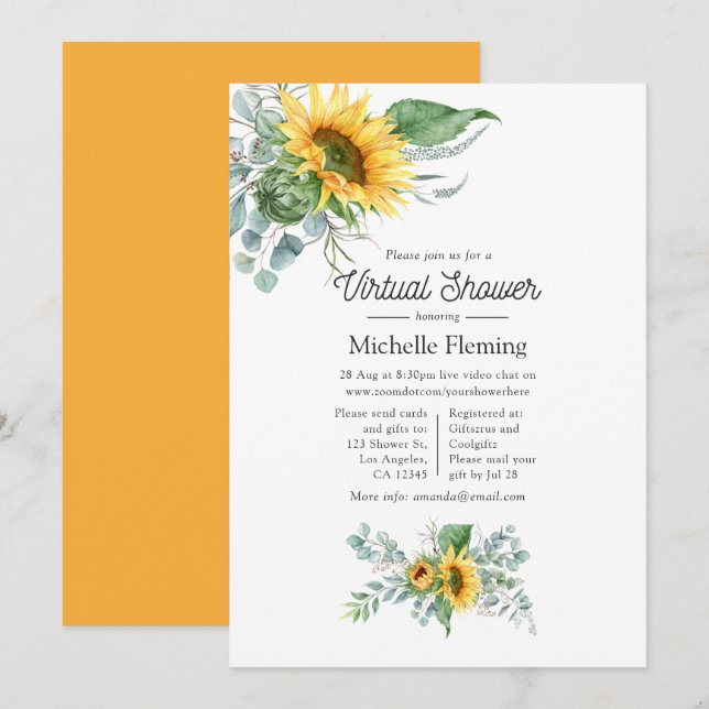 Invitation Baby shower virtuel Boho Sunflower Eucalyptus (Devant / Derrière)