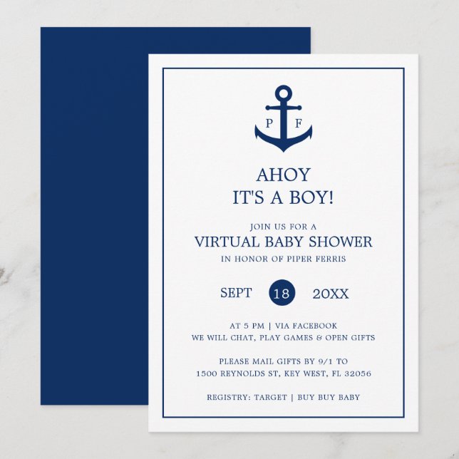 Invitation Baby shower virtuel Boy Ancre nautique Monogramme (Devant / Derrière)