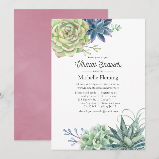 Invitation Baby Shower Virtuel Cactus Succulentes Aquarelle (Devant / Derrière)