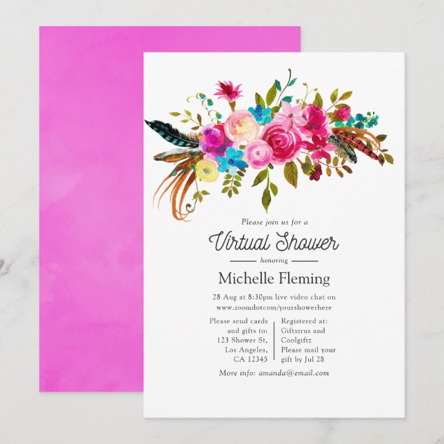 Invitation Baby shower Virtuel Chic Boho Rose Chic Floral (Devant / Derrière)