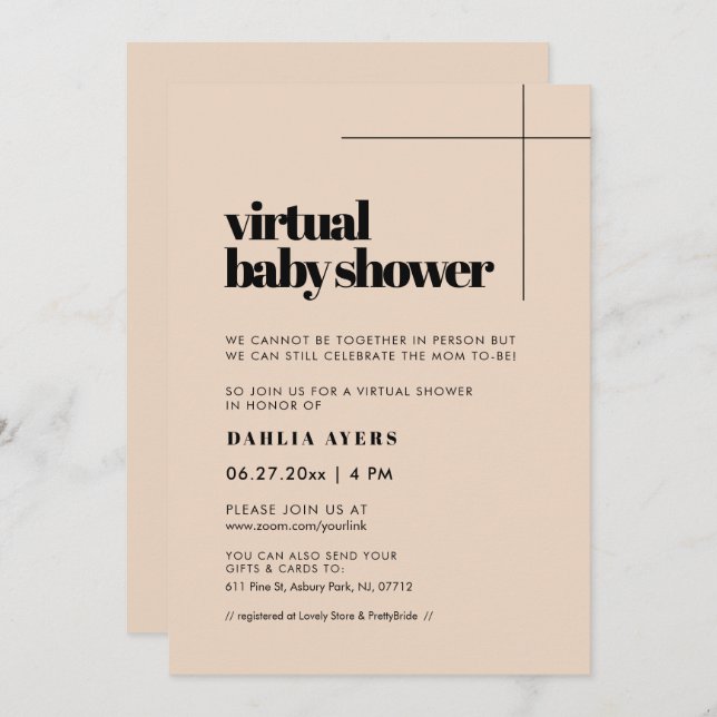 Invitation Baby shower virtuel chic simple (Devant / Derrière)