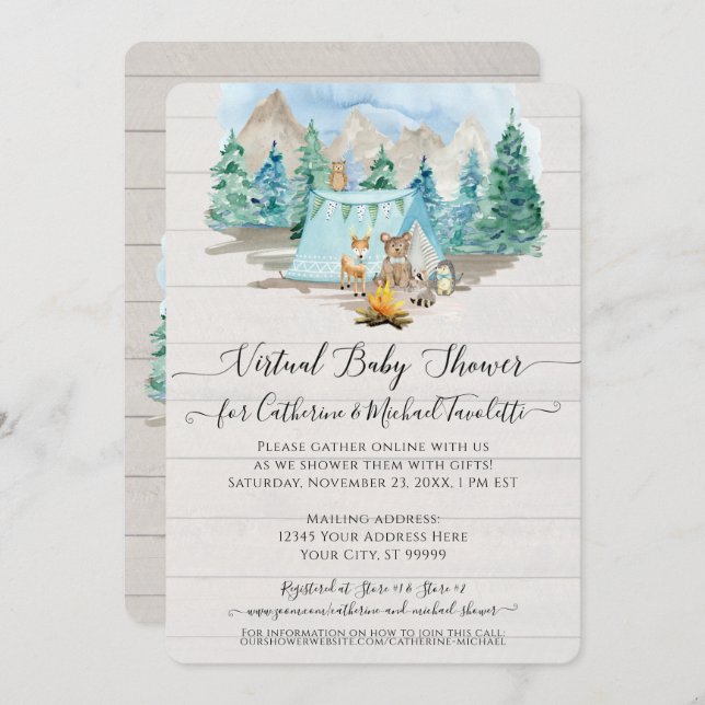 Invitation Baby shower virtuel de la forêt de bois rustique (Devant / Derrière)