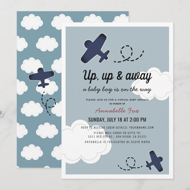 Invitation Baby shower virtuel de l'avion Blue Boy Up & Away (Devant / Derrière)