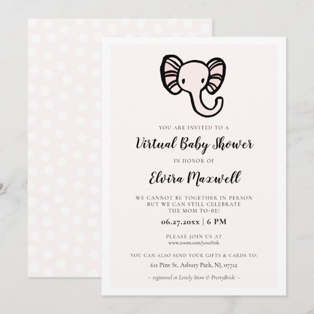 Invitation Baby shower virtuel de l'éléphant rose mou (Devant / Derrière)