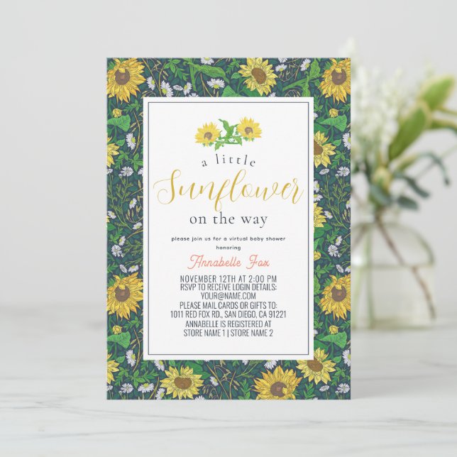 Invitation Baby shower virtuel de Little Sunflower Motif Navy (Debout devant)