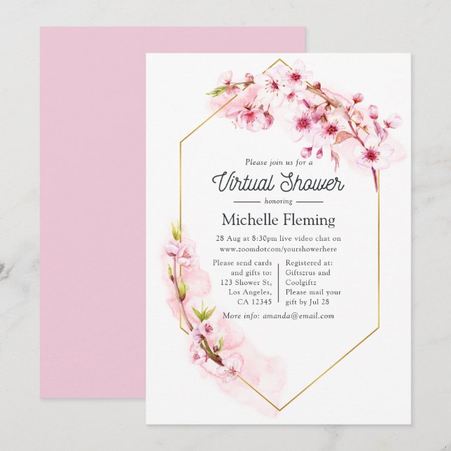 Invitation Baby Shower Virtuel de Printemps Fleurs Roses Géom (Devant / Derrière)