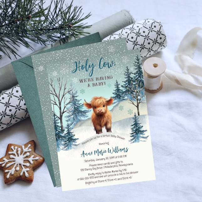 Invitation Baby shower virtuel d'hiver de la Vache Sainte-Ter (Cute Highland Calf "Holy Cow, We're Having a Baby!" Winter Baby Shower Invitation)