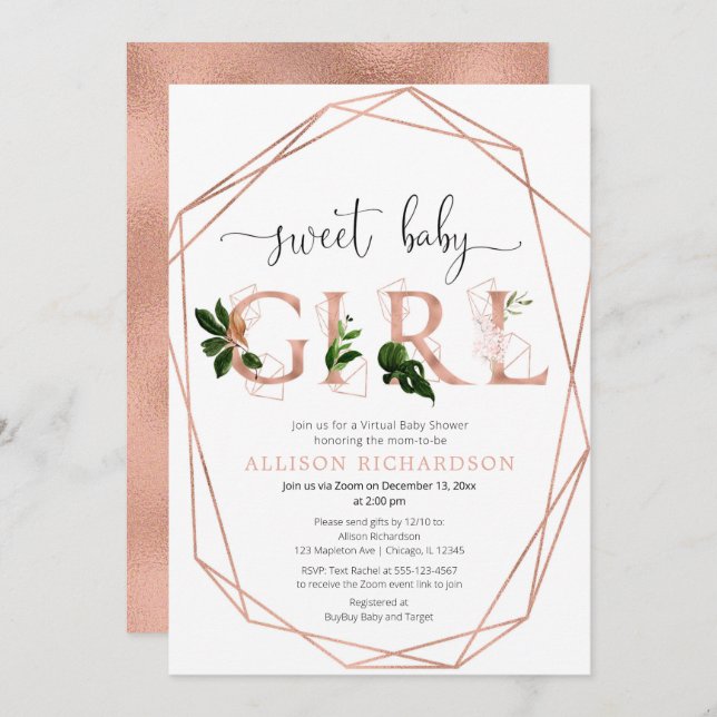 Invitation Baby shower virtuel douce fille rose or (Devant / Derrière)