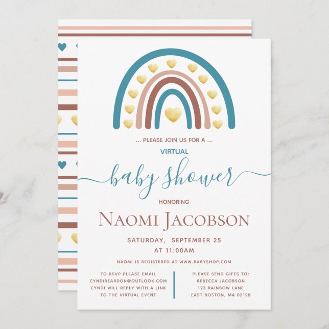 Invitation Baby shower virtuel Dusty Blue Boho Rainbow (Devant / Derrière)
