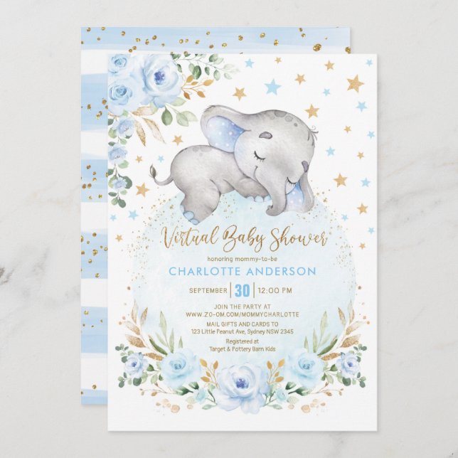 Invitation Baby shower virtuel Eléphant Floral bleu doux (Devant / Derrière)
