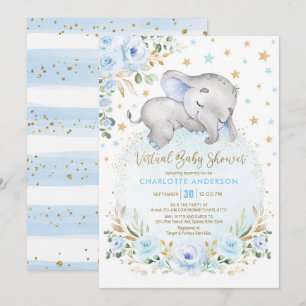 Invitation Baby shower virtuel Eléphant Floral bleu doux