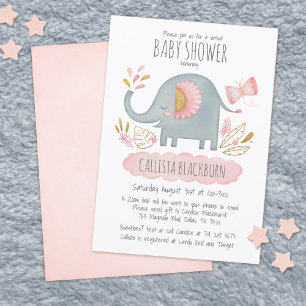 Invitation Baby shower Virtuel Eléphant mignon rose