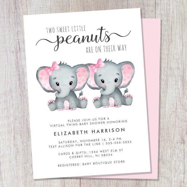 Invitation Baby shower virtuel Eléphant Twin Girls (Cute twin girls virtual baby shower invitation)