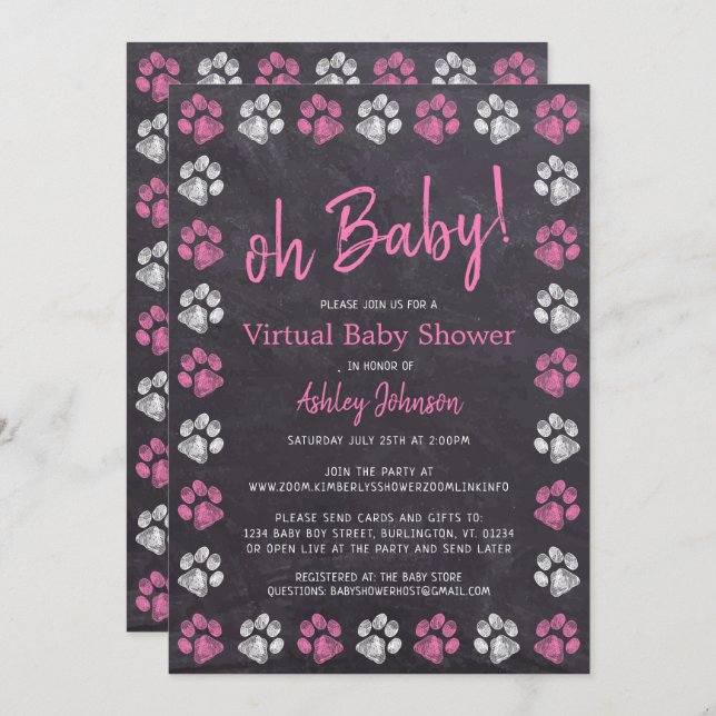 Invitation Baby shower virtuel Empreinte de patte Chalkboard  (Devant / Derrière)