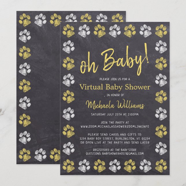 Invitation Baby shower virtuel Empreinte de patte jaune Chalk (Devant / Derrière)