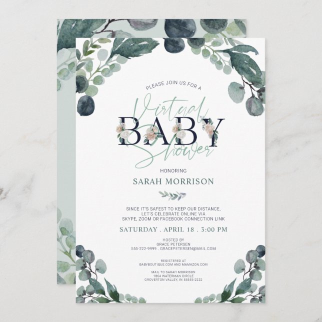 Invitation Baby shower virtuel en ligne Marine Blue Sage Gree (Devant / Derrière)