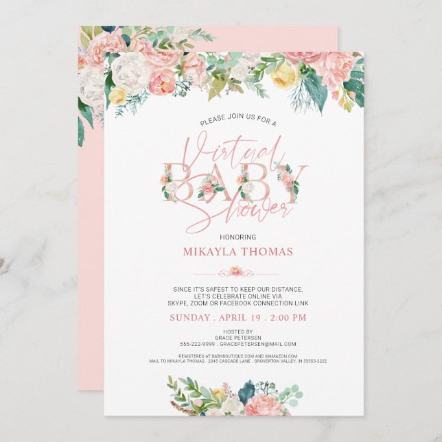 Invitation Baby Shower Virtuel En Ligne Rose Gold Fleurs Rose (Devant / Derrière)