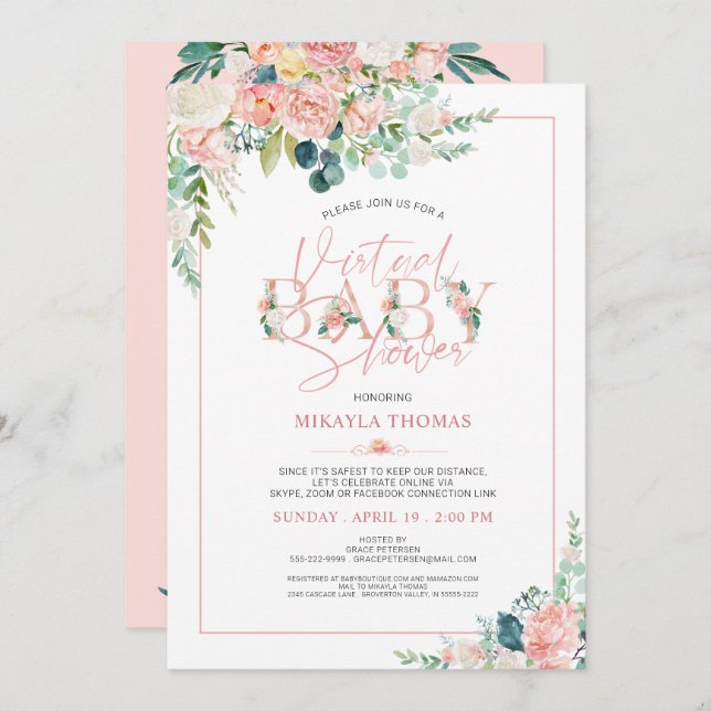 Invitation Baby shower virtuel en ligne Rose or rose floral (Devant / Derrière)