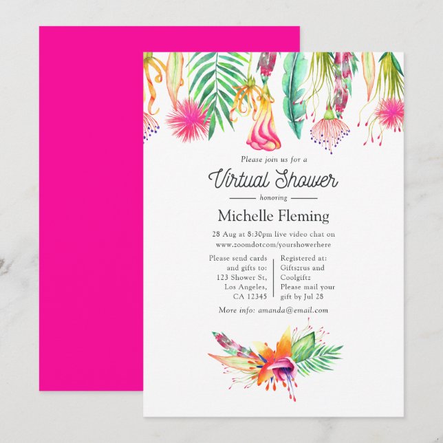 Invitation Baby-Shower Virtuel Été Tropical Rose Chaud (Devant / Derrière)