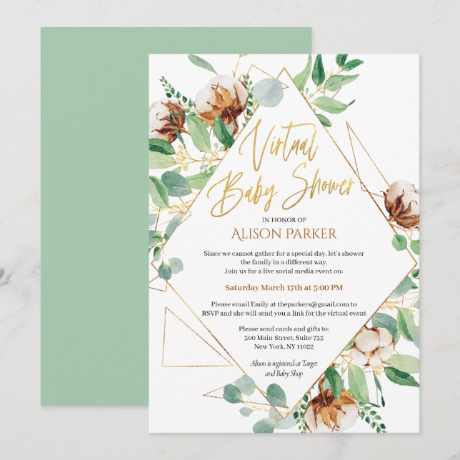 Invitation Baby shower virtuel Eucalyptus Vert Or (Devant / Derrière)