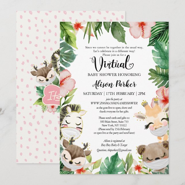 Invitation Baby shower virtuel fille | Amis Masqués Safari (Devant / Derrière)