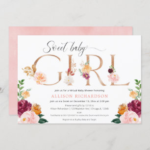 Invitation baby shower virtuel fille rose d'or bordeaux