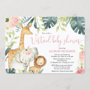 Invitation Baby shower virtuel fille rose floral safari anima