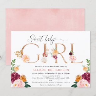 Invitation Baby shower virtuel fille rose or bordeaux brush