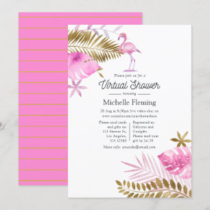 Invitation Baby Shower Virtuel Flamant Rose et Or