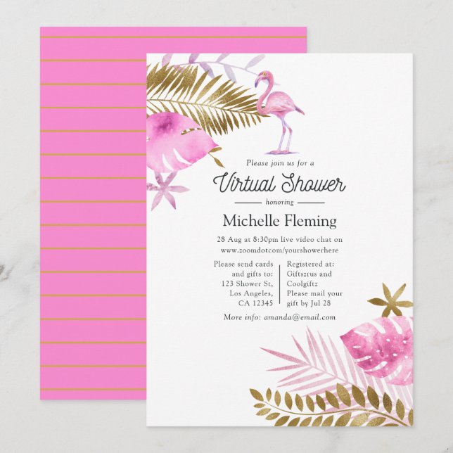 Invitation Baby shower virtuel Flamant rose rose et or (Devant / Derrière)