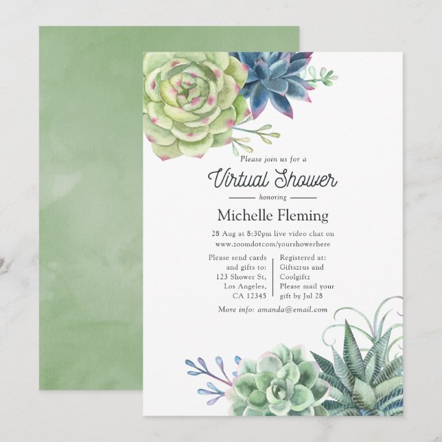 Invitation Baby-shower Virtuel Fleur de Cactus Aquarelle pour (Devant / Derrière)