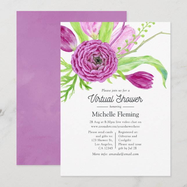 Invitation Baby Shower Virtuel Fleurs Aquarelle (Devant / Derrière)