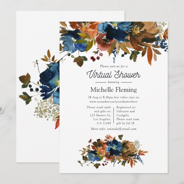 Invitation Baby shower virtuel floral au gingembre et au bleu (Devant / Derrière)