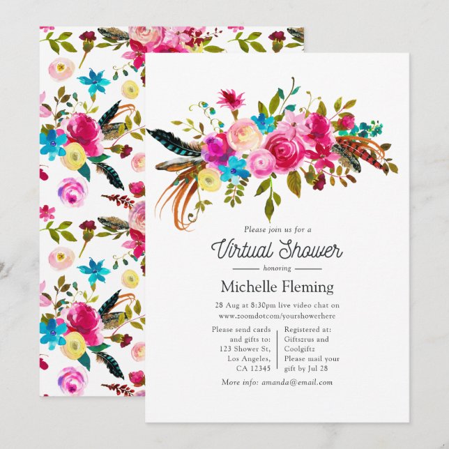 Invitation Baby Shower Virtuel Floral Boho Chic Aquarelle (Devant / Derrière)