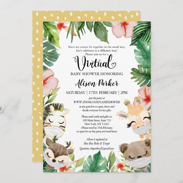 Invitation Baby shower virtuel garçon | Amis Masqués Safari (Devant / Derrière)