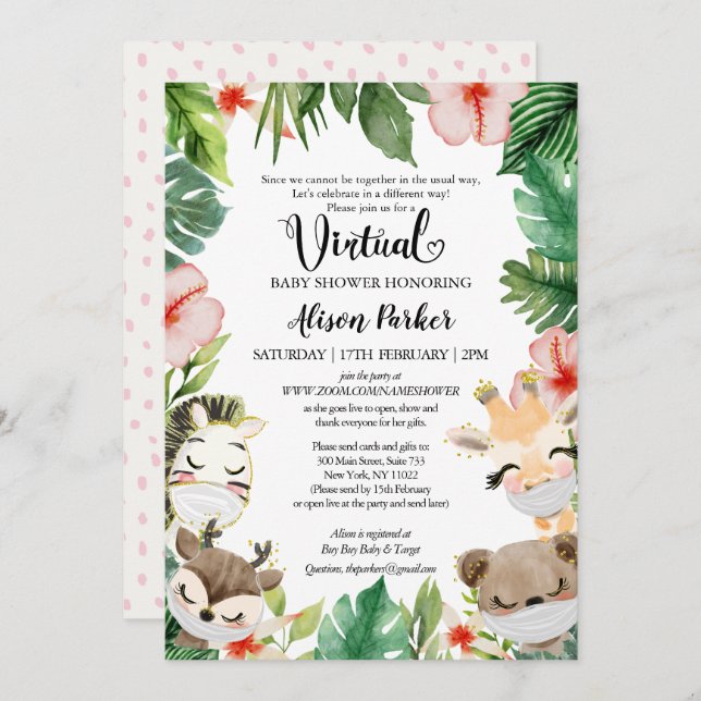 Invitation Baby shower virtuel garçon | Amis Masqués Safari (Devant / Derrière)