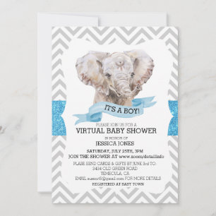 Invitation Baby Shower Virtuel Garçon Éléphant Chevron Paille