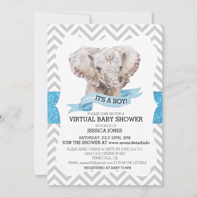 Invitation Baby Shower Virtuel Garçon Éléphant Chevron Paille (Devant)