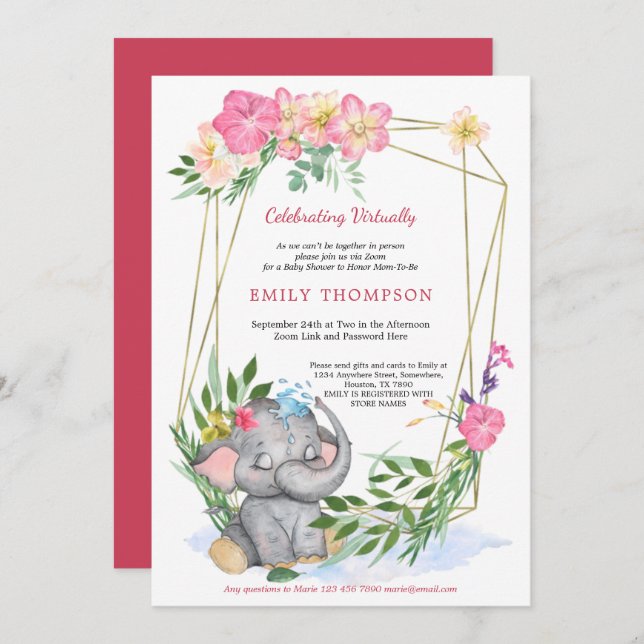 Invitation Baby shower virtuel géométrique Floral Eléphant (Devant / Derrière)