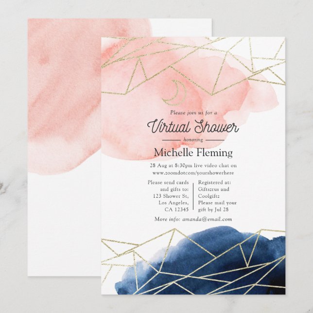Invitation Baby Shower Virtuel Géométrique Navy et Blush (Devant / Derrière)