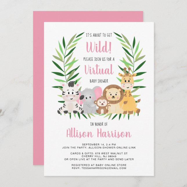 Invitation Baby shower virtuel Girl Safari Animals (Devant / Derrière)