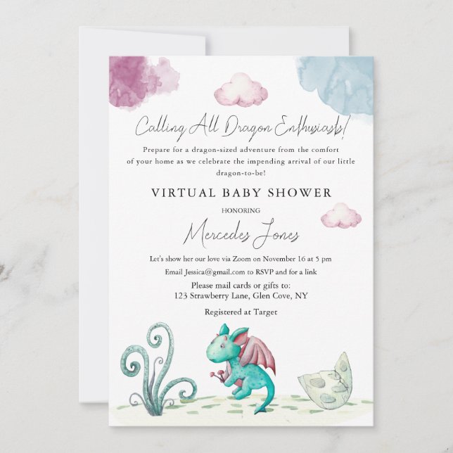 Invitation Baby shower virtuel Hatching Dragon Pastel Colonne (Devant)