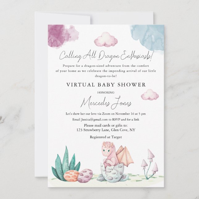 Invitation Baby shower virtuel Hatching Dragon Pastel Colonne (Devant)