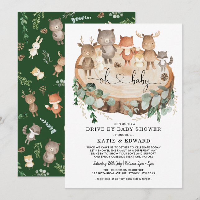 Invitation Baby shower virtuel Les animaux des forêts (Devant / Derrière)