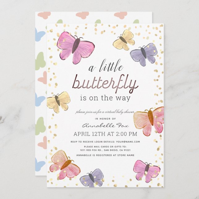Invitation Baby shower virtuel Little Butterfly (Devant / Derrière)